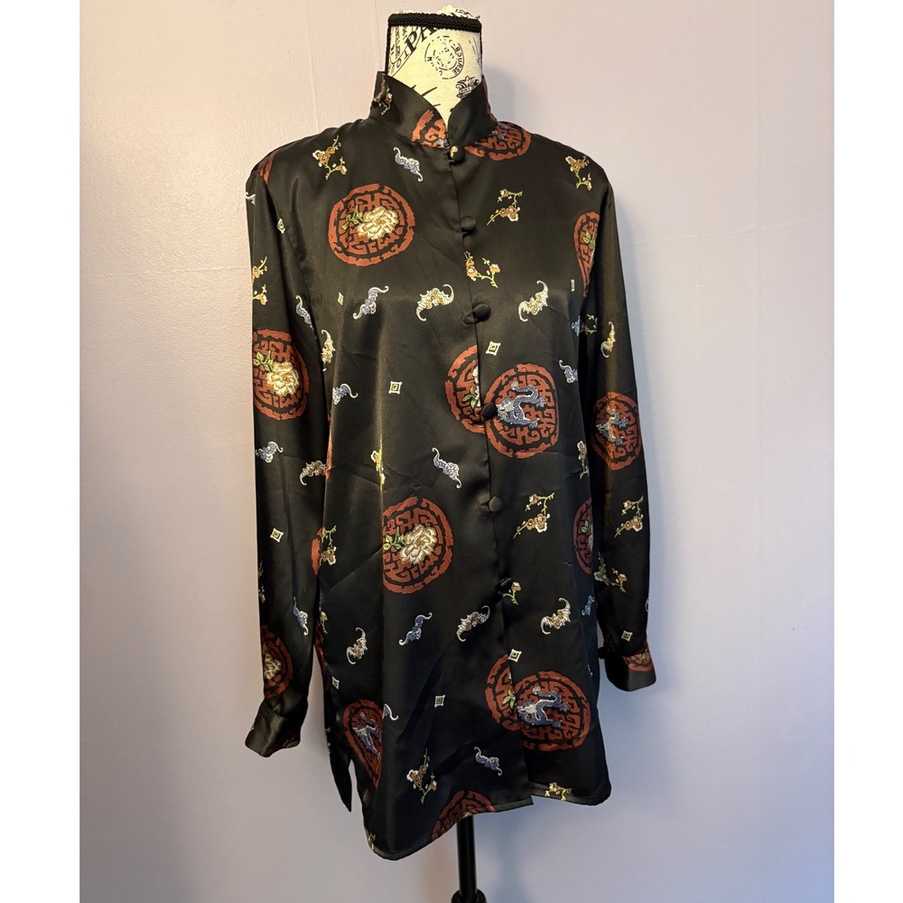 VTG Christie & Jill Black Satin Mandarin Collar Dragon Button Down Shirt Small